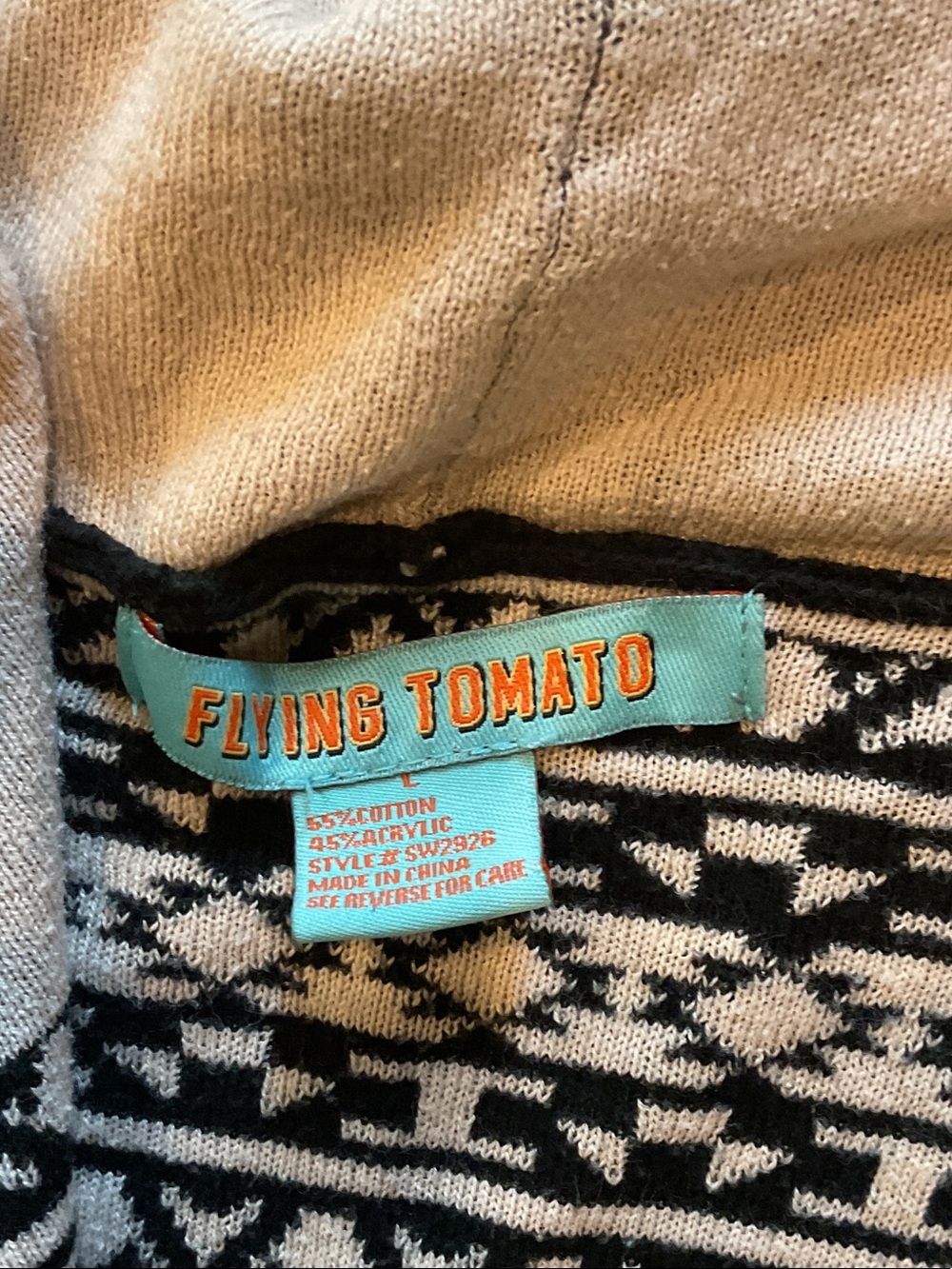 Flying Tomato Black Cream Aztec Women's Sweater Cardigan large distressed elbows - Picture 6 of 13